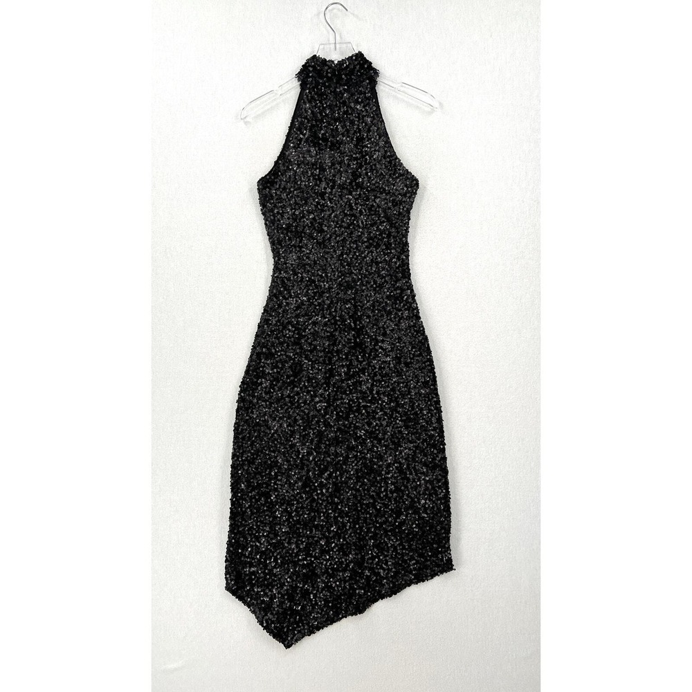 CIEBON Signy Sequin Asymmetrical Gown Womens Small Black Halter Midi Sleeveless - Picture 4 of 16